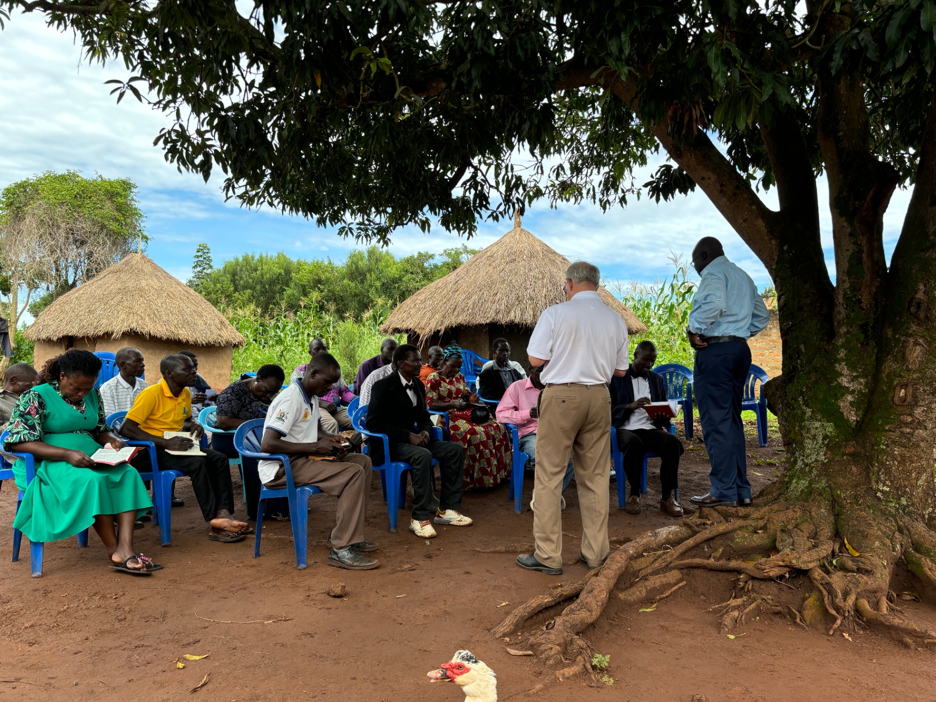 Pastor Bob teaching pastors and church members under a mango tree in Uganda