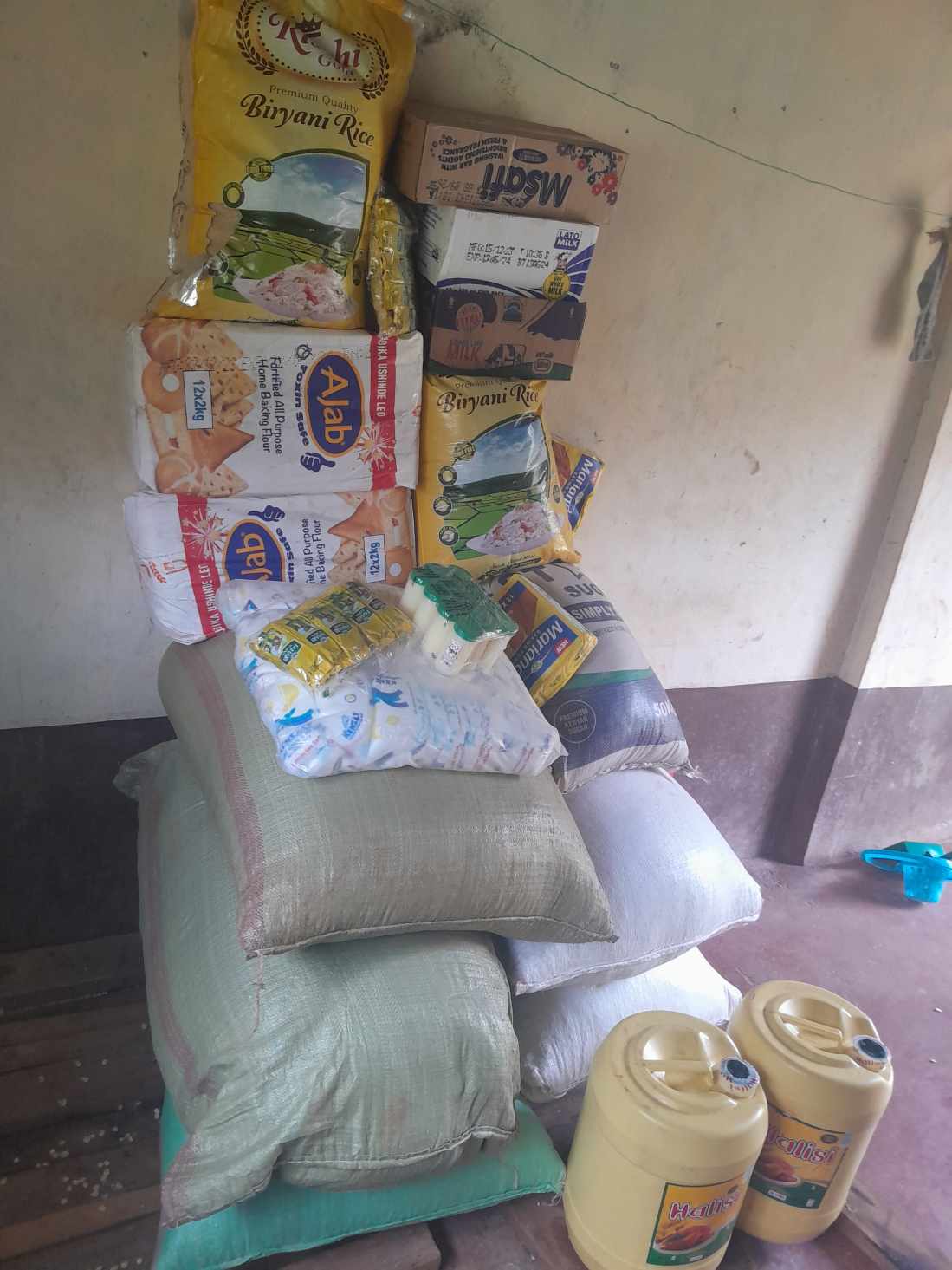 Rice, flour and cooking oil stored for the mission kitchen